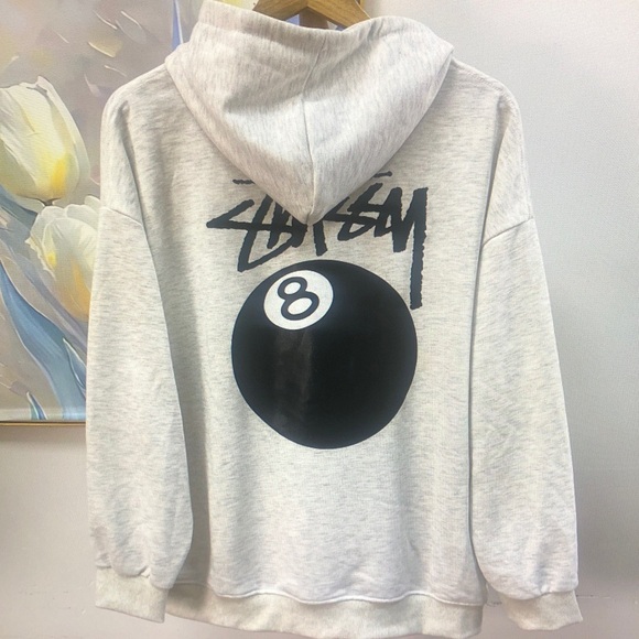 Stussy Light Gray Hoodie with 8 Ball Design - Picture 1 of 6